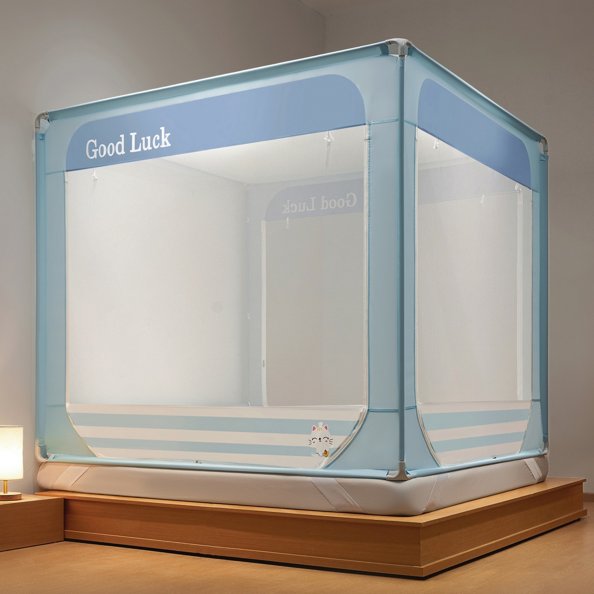 91家纺网 家纺一手货源 找家纺 雪姿家纺 2026新款外穿杆三开u型门回底床笠款防摔蚊帐-星梦 星梦-浅水蓝