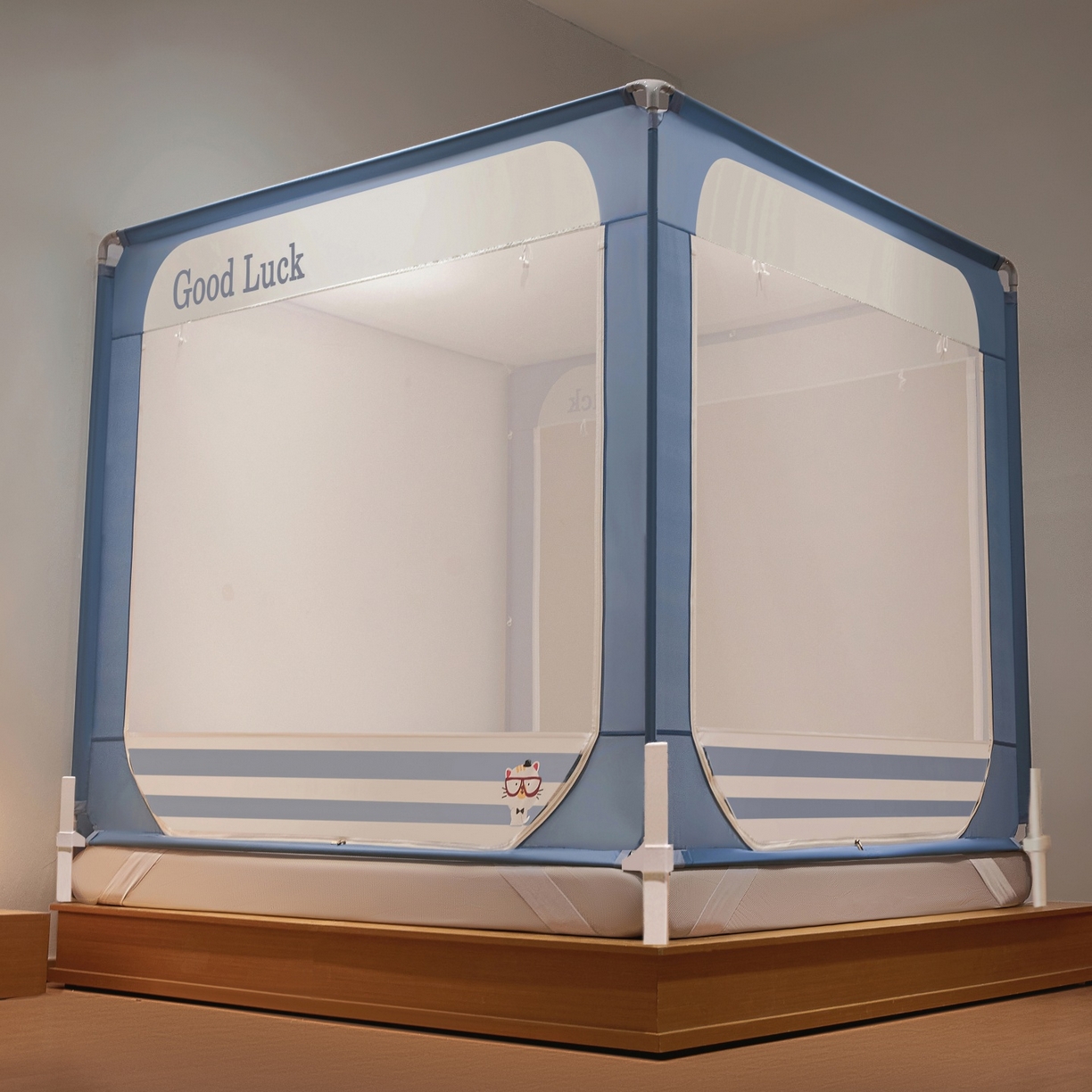 91家纺网 家纺一手货源 找家纺 雪姿家纺 2026新款外穿杆三开u型门回底床笠款防摔蚊帐-星梦 星梦-星蓝色