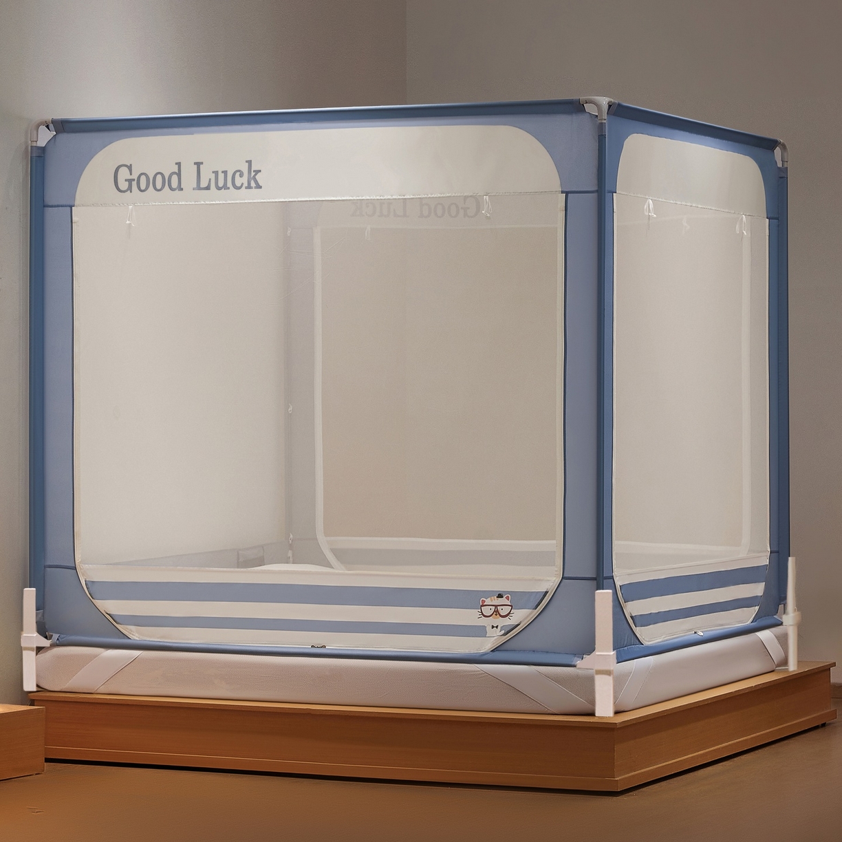 91家纺网 家纺一手货源 找家纺 雪姿家纺 2026新款外穿杆三开u型门回底床笠款防摔蚊帐-星梦 星梦-星蓝色