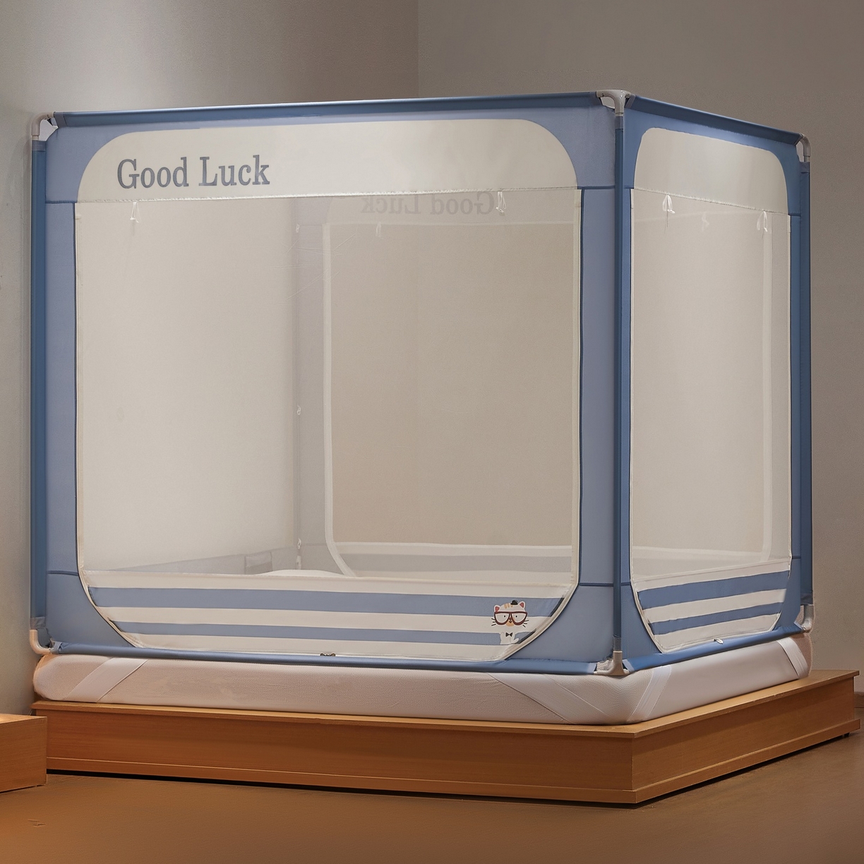 91家纺网 家纺一手货源 找家纺 雪姿家纺 2026新款外穿杆三开u型门回底床笠款防摔蚊帐-星梦 星梦-星蓝色