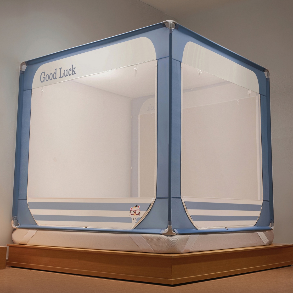 91家纺网 家纺一手货源 找家纺 雪姿家纺 2026新款外穿杆三开u型门回底床笠款防摔蚊帐-星梦 星梦-星蓝色