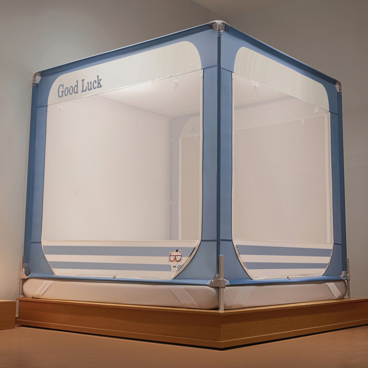 91家纺网 家纺一手货源 找家纺 雪姿家纺 2026新款外穿杆三开u型门回底床笠款防摔蚊帐-星梦 星梦-星蓝色