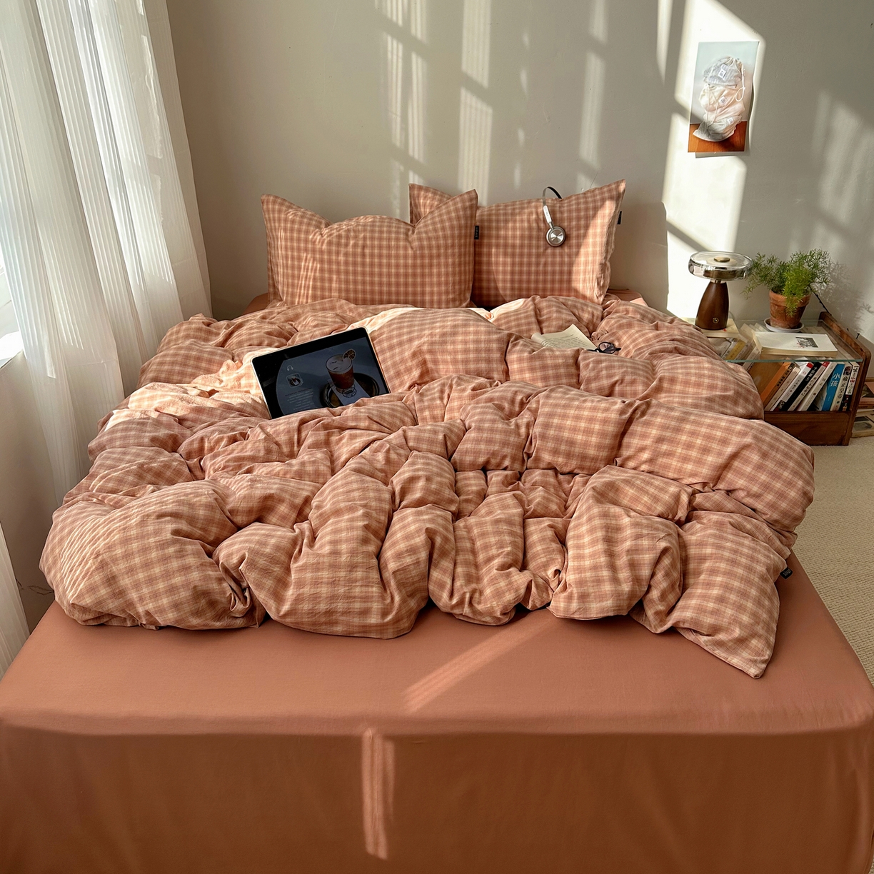 91家纺网 家纺一手货源 找家纺 XIWEN-希文家纺 2026春夏新款40支全棉纯棉色织水洗棉四件套 北泽-豆沙