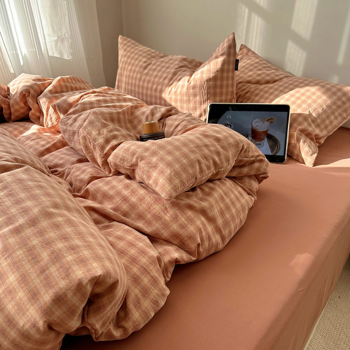 91家纺网 家纺一手货源 找家纺 XIWEN-希文家纺 2026春夏新款40支全棉纯棉色织水洗棉四件套 北泽-豆沙