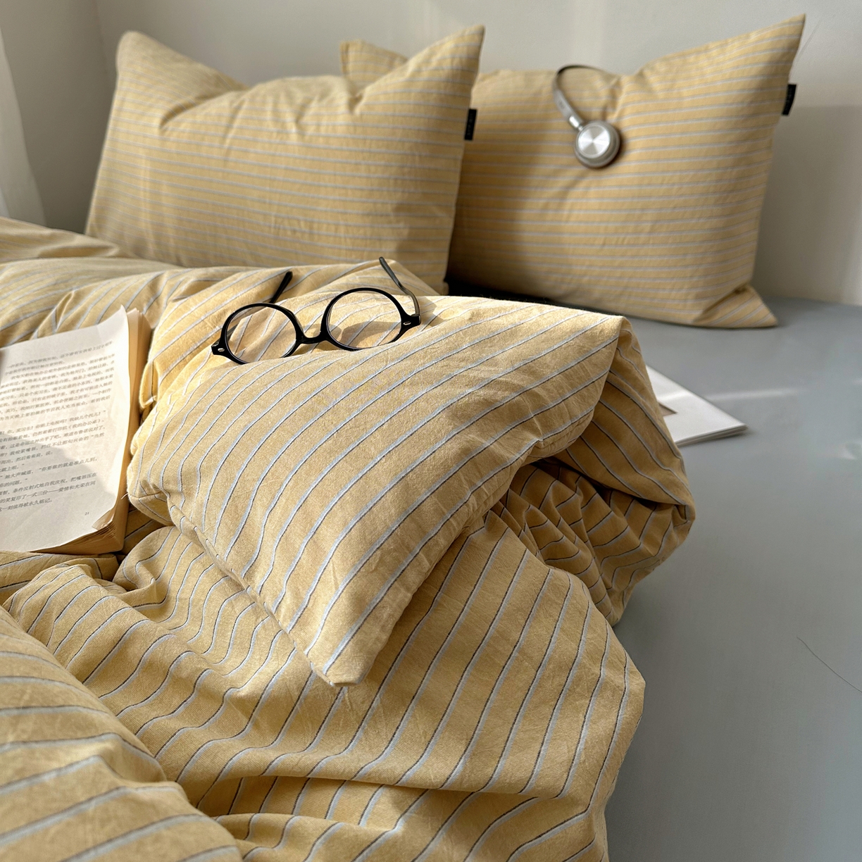 91家纺网 家纺一手货源 找家纺 XIWEN-希文家纺 2026春夏新款40支全棉纯棉色织水洗棉四件套 海盐条-黄