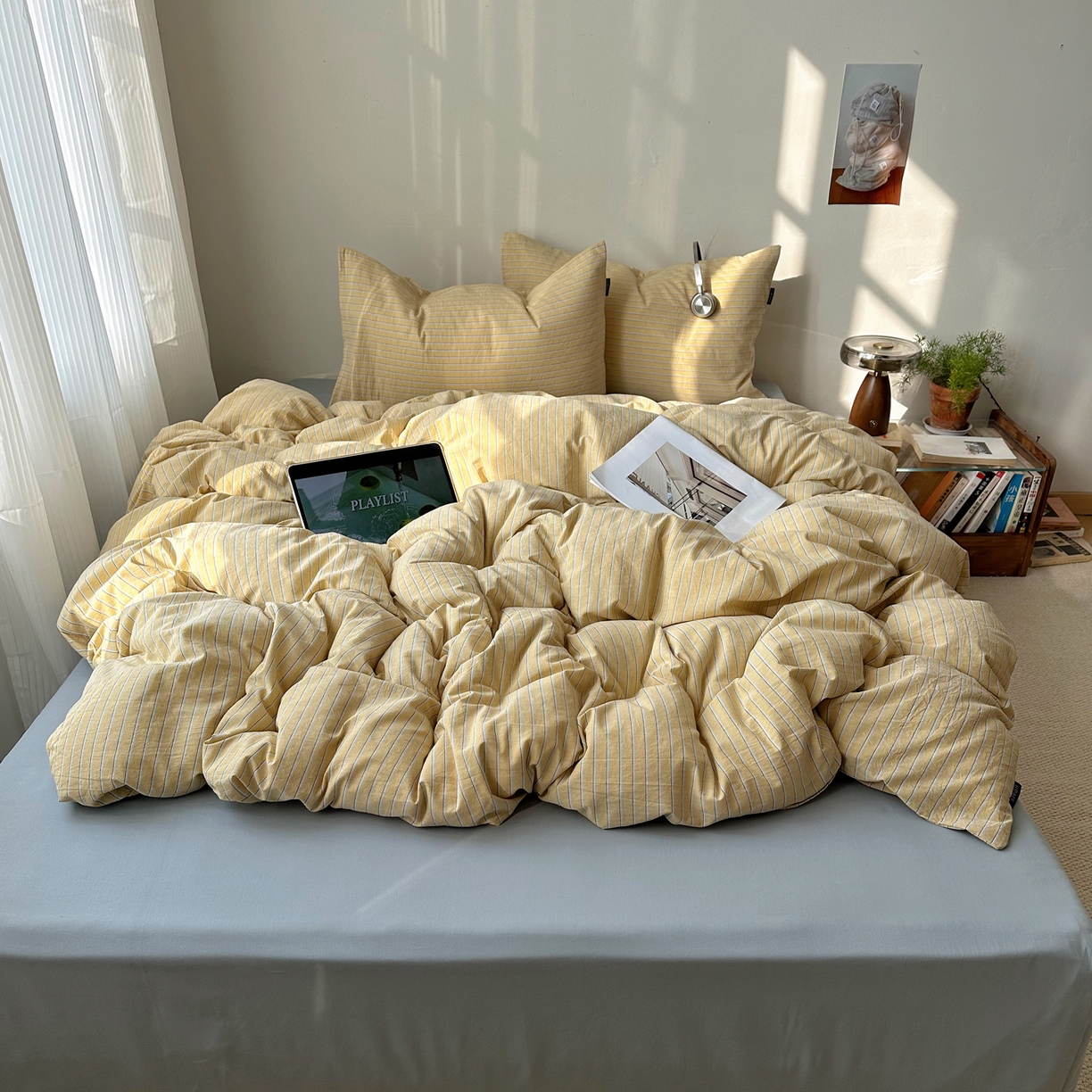 91家纺网 家纺一手货源 找家纺 XIWEN-希文家纺 2026春夏新款40支全棉纯棉色织水洗棉四件套 海盐条-黄