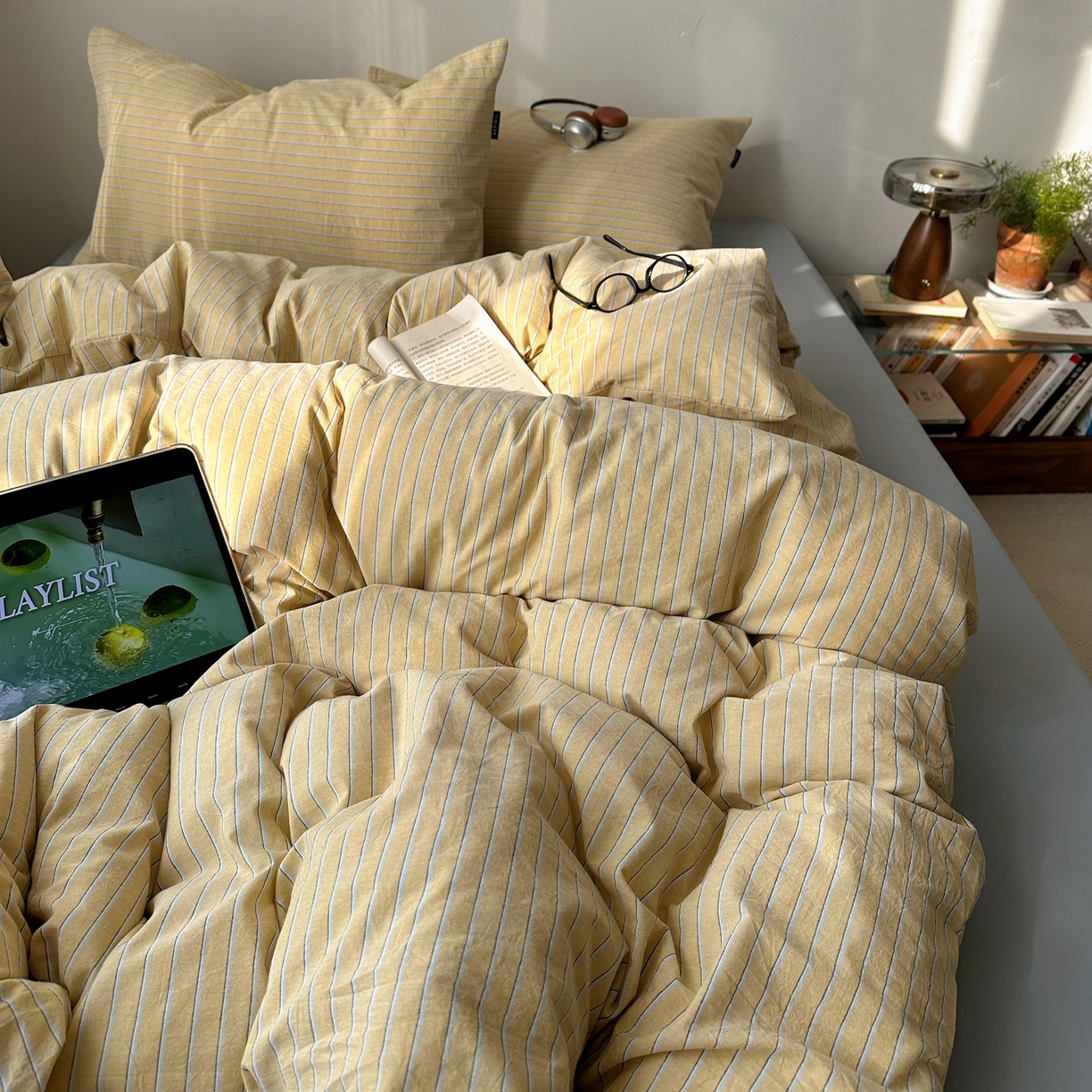 91家纺网 家纺一手货源 找家纺 XIWEN-希文家纺 2026春夏新款40支全棉纯棉色织水洗棉四件套 海盐条-黄