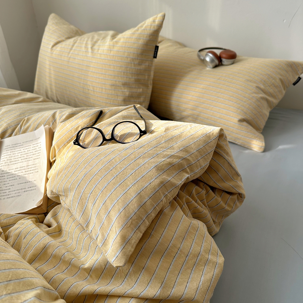 91家纺网 家纺一手货源 找家纺 XIWEN-希文家纺 2026春夏新款40支全棉纯棉色织水洗棉四件套 海盐条-黄