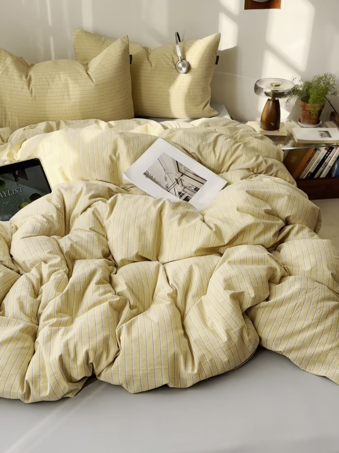 91家纺网 家纺一手货源 找家纺 XIWEN-希文家纺 2026春夏新款40支全棉纯棉色织水洗棉四件套 海盐条-黄