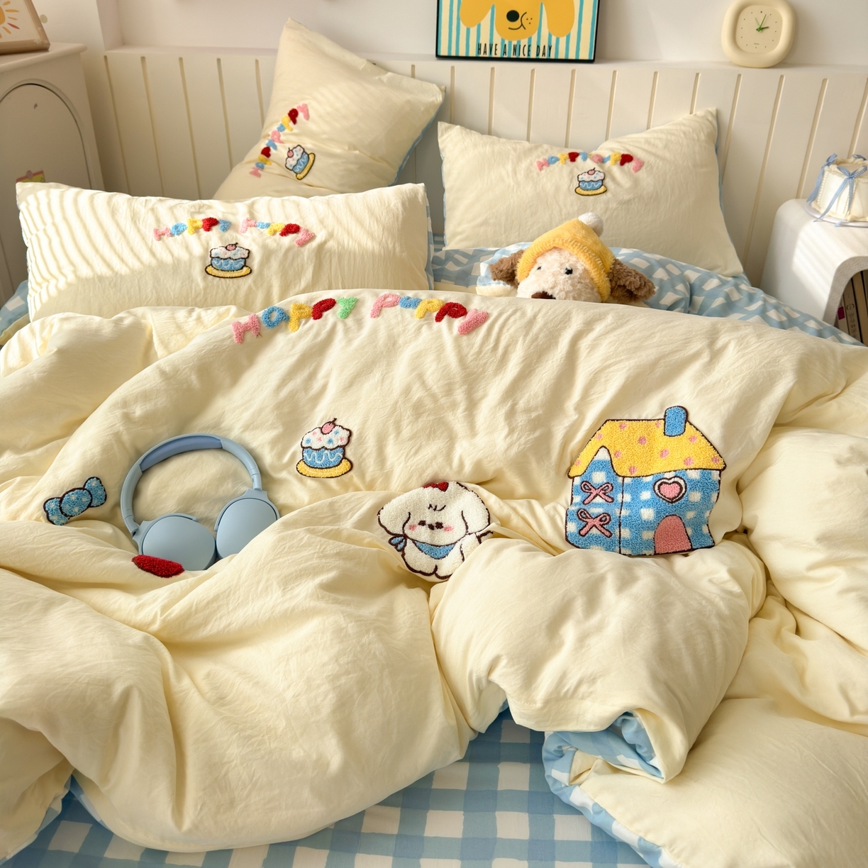 91家纺网 家纺一手货源 找家纺 （总）欣宜家纺 2026新款云朵棉毛巾绣床上四件套卡通被套床单学生宿舍三件套