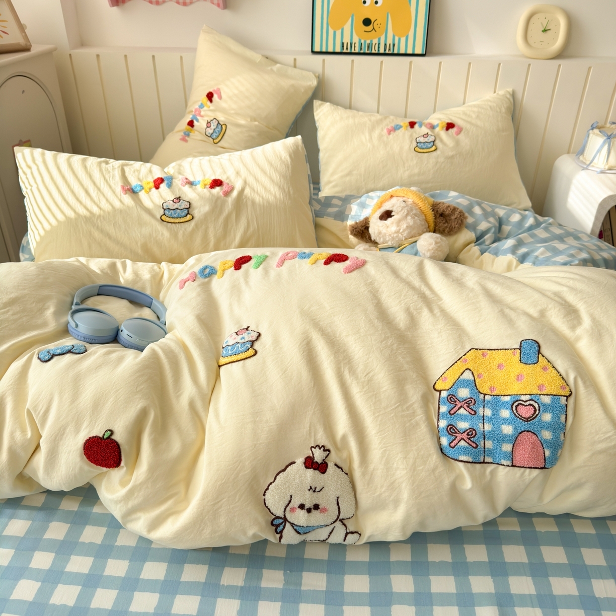 91家纺网 家纺一手货源 找家纺 （总）欣宜家纺 2026新款云朵棉毛巾绣床上四件套卡通被套床单学生宿舍三件套