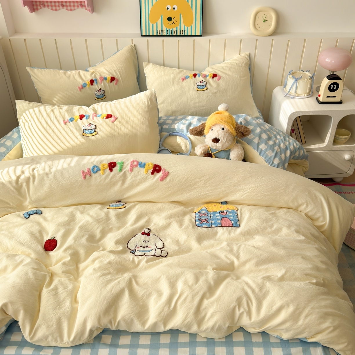 91家纺网 家纺一手货源 找家纺 （总）欣宜家纺 2026新款云朵棉毛巾绣床上四件套卡通被套床单学生宿舍三件套