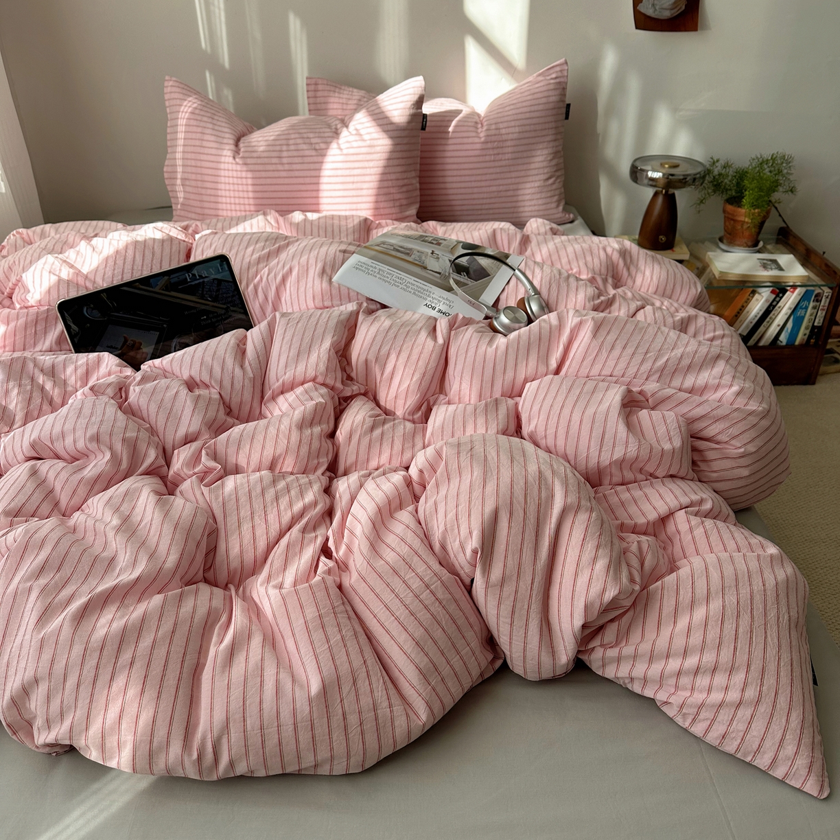 XIWEN-希文家纺 2026春夏新款40支全棉纯棉色织水洗棉四件套 海盐条-粉