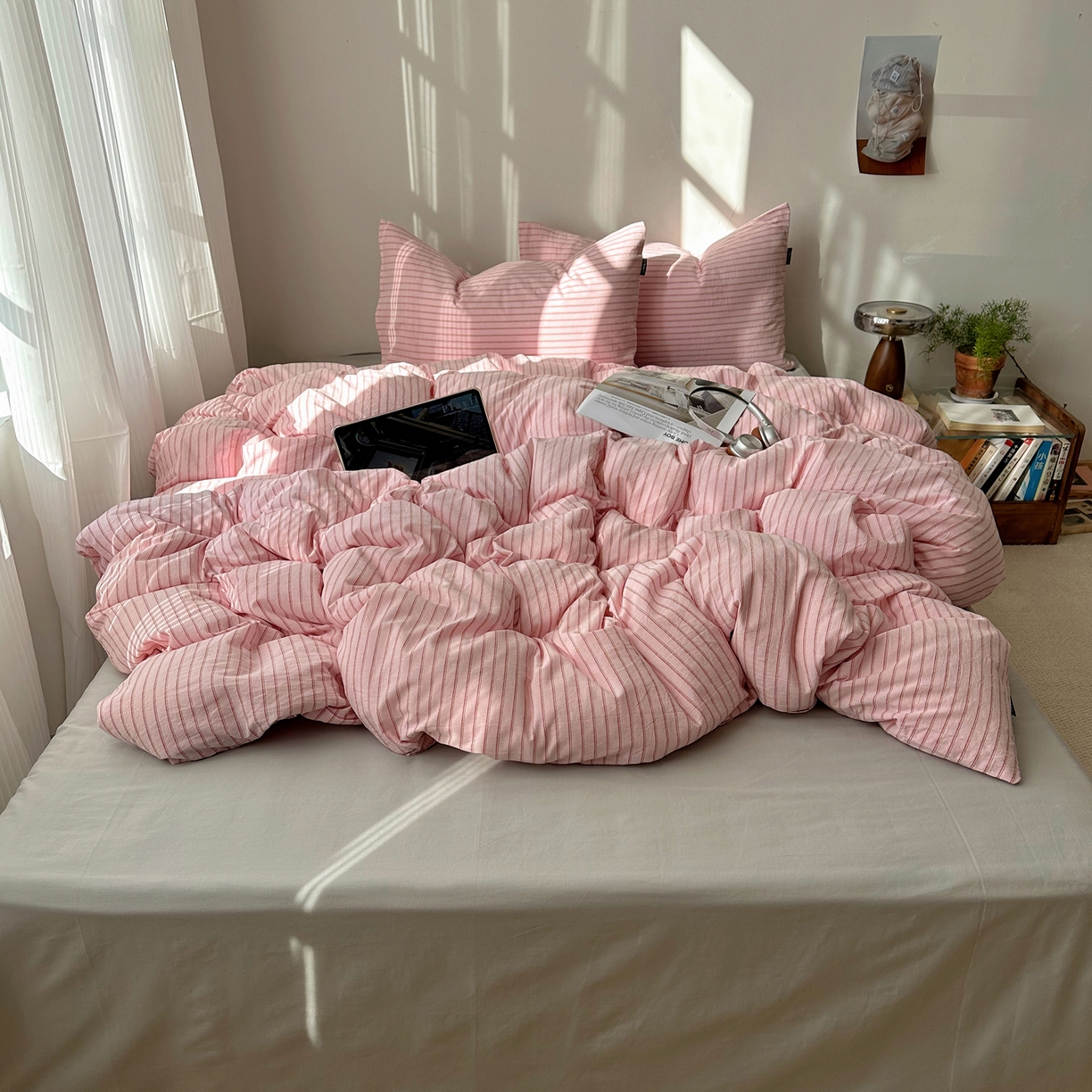 91家纺网 家纺一手货源 找家纺 XIWEN-希文家纺 2026春夏新款40支全棉纯棉色织水洗棉四件套 海盐条-粉