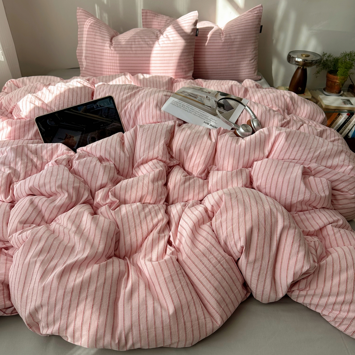 91家纺网 家纺一手货源 找家纺 XIWEN-希文家纺 2026春夏新款40支全棉纯棉色织水洗棉四件套 海盐条-粉