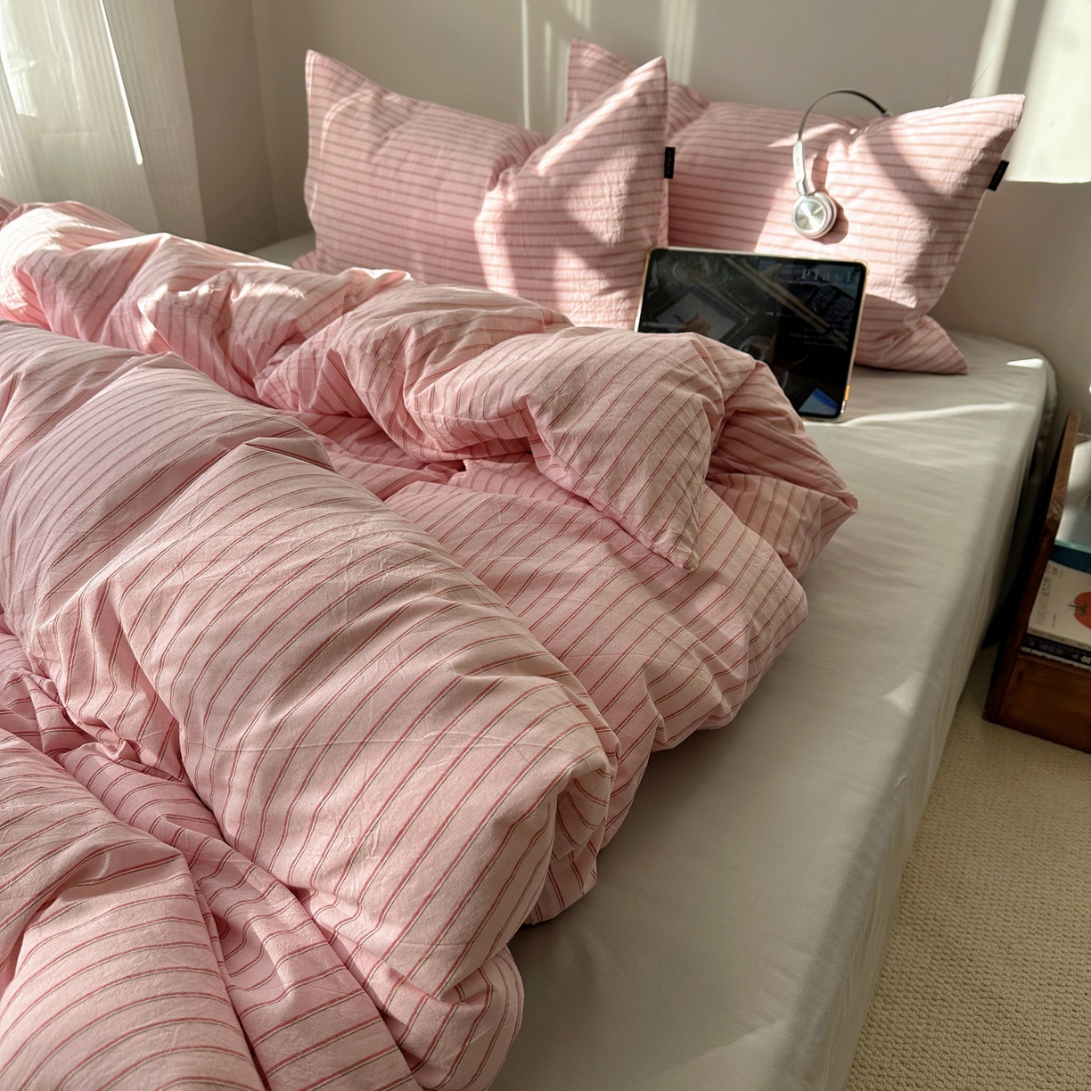 91家纺网 家纺一手货源 找家纺 XIWEN-希文家纺 2026春夏新款40支全棉纯棉色织水洗棉四件套 海盐条-粉