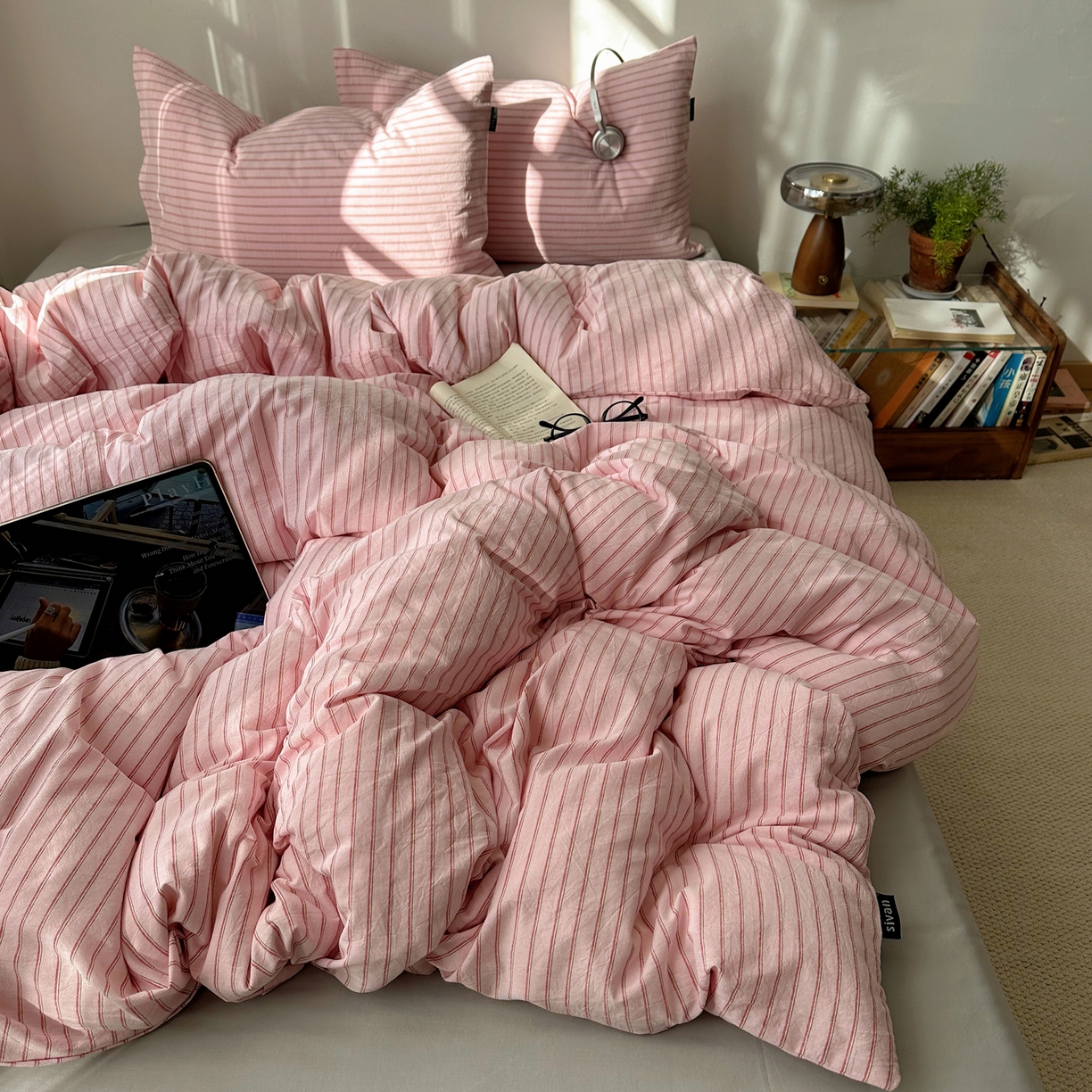 91家纺网 家纺一手货源 找家纺 XIWEN-希文家纺 2026春夏新款40支全棉纯棉色织水洗棉四件套 海盐条-粉