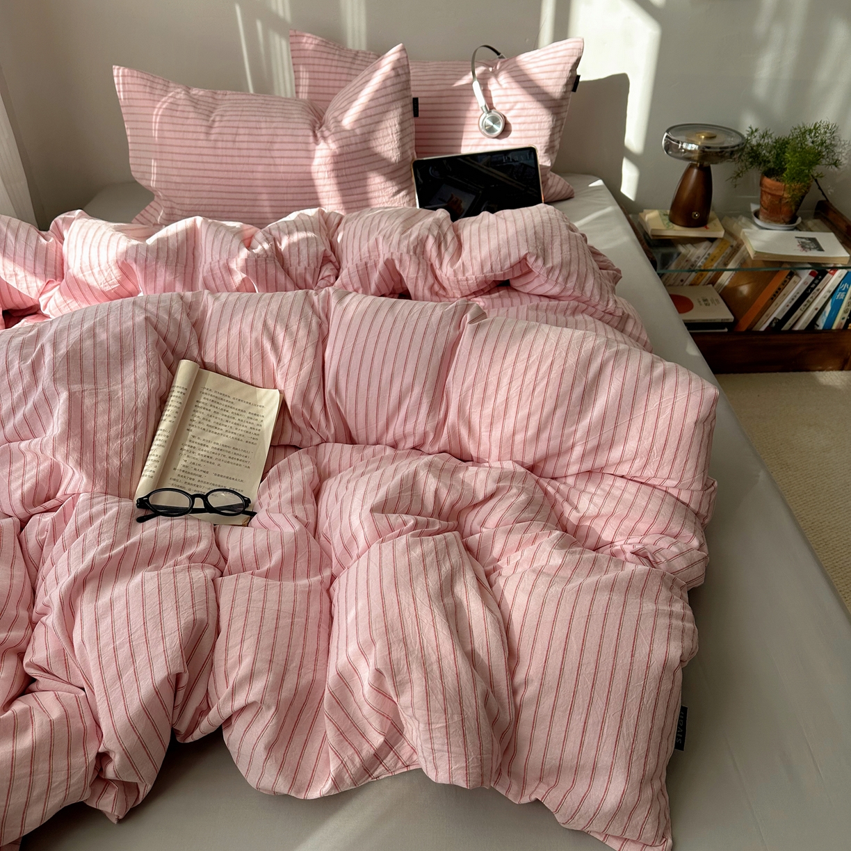 91家纺网 家纺一手货源 找家纺 XIWEN-希文家纺 2026春夏新款40支全棉纯棉色织水洗棉四件套 海盐条-粉