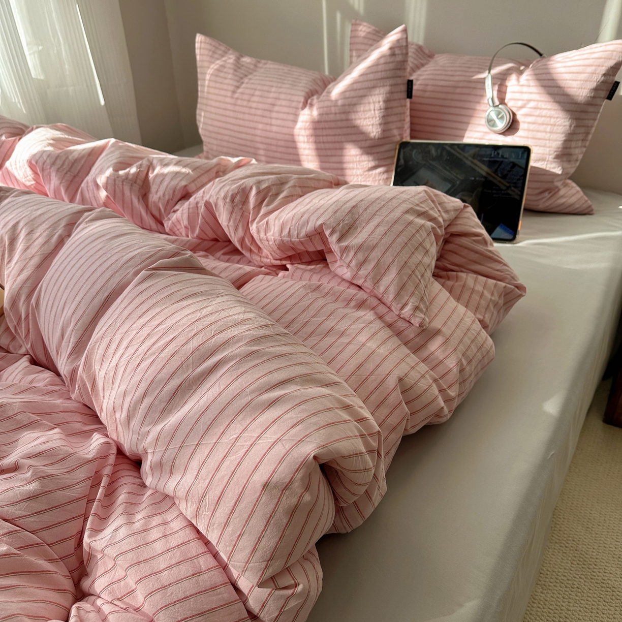 91家纺网 家纺一手货源 找家纺 XIWEN-希文家纺 2026春夏新款40支全棉纯棉色织水洗棉四件套 海盐条-粉