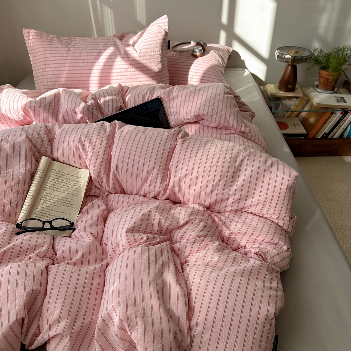 91家纺网 家纺一手货源 找家纺 XIWEN-希文家纺 2026春夏新款40支全棉纯棉色织水洗棉四件套 海盐条-粉