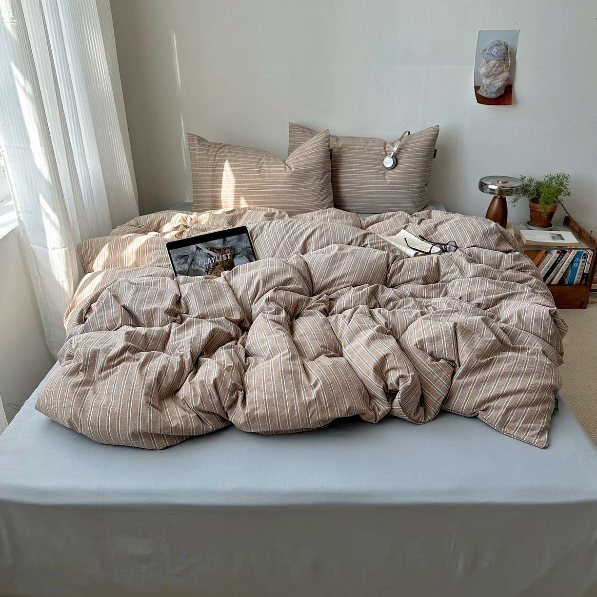 91家纺网 家纺一手货源 找家纺 XIWEN-希文家纺 2026春夏新款40支全棉纯棉色织水洗棉四件套 海盐条-灰