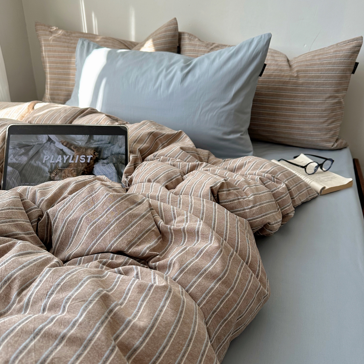 91家纺网 家纺一手货源 找家纺 XIWEN-希文家纺 2026春夏新款40支全棉纯棉色织水洗棉四件套 海盐条-灰