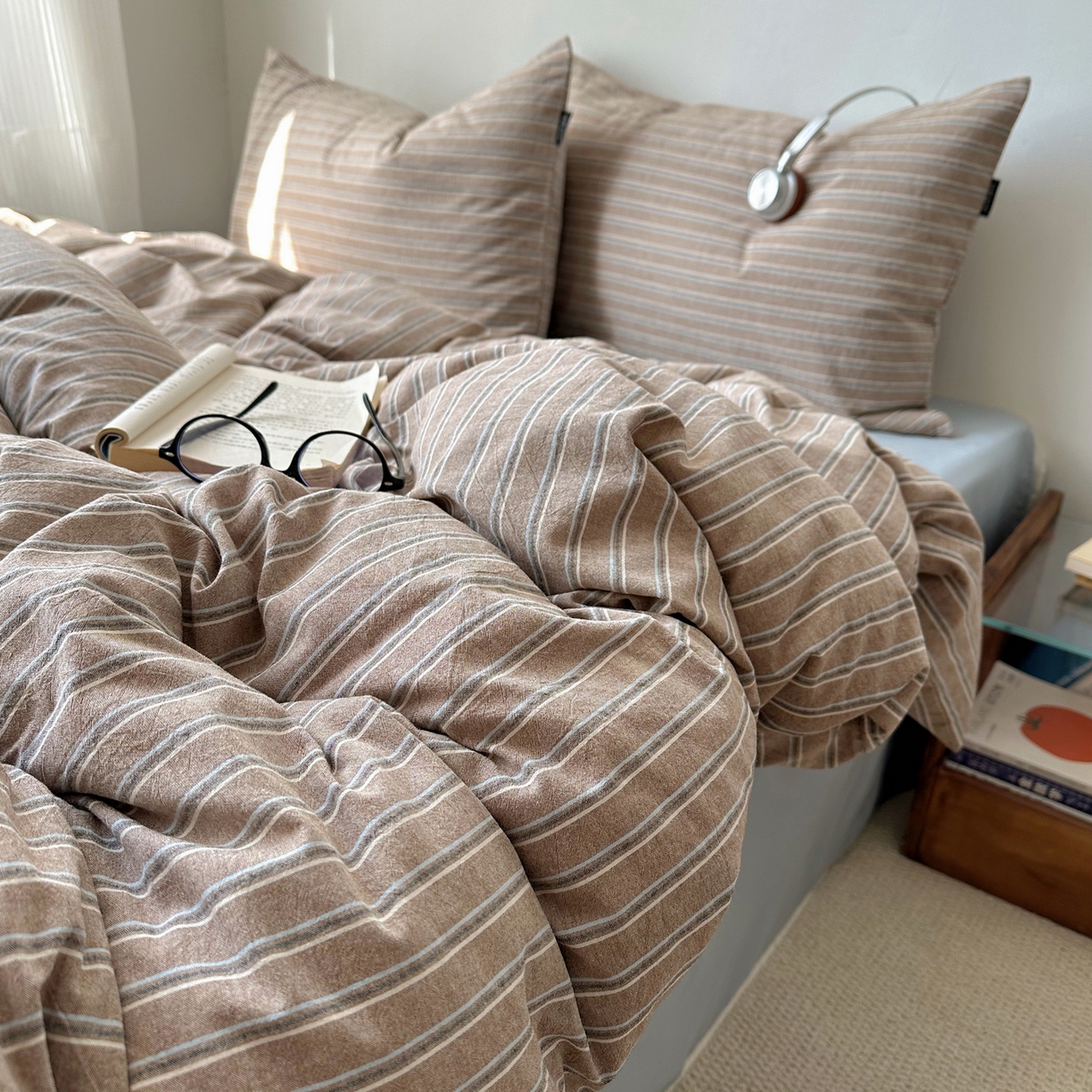 91家纺网 家纺一手货源 找家纺 XIWEN-希文家纺 2026春夏新款40支全棉纯棉色织水洗棉四件套 海盐条-灰