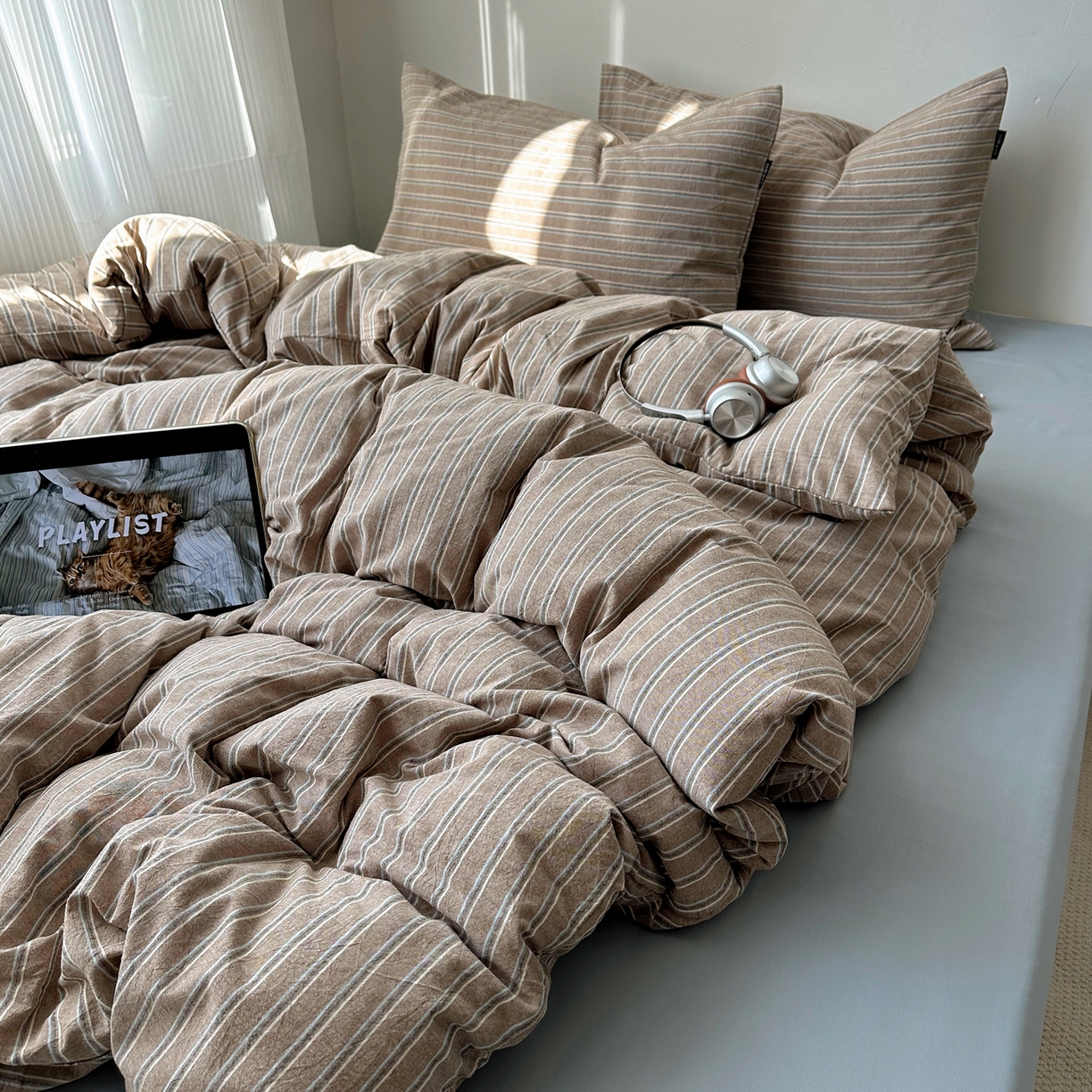 91家纺网 家纺一手货源 找家纺 XIWEN-希文家纺 2026春夏新款40支全棉纯棉色织水洗棉四件套 海盐条-灰