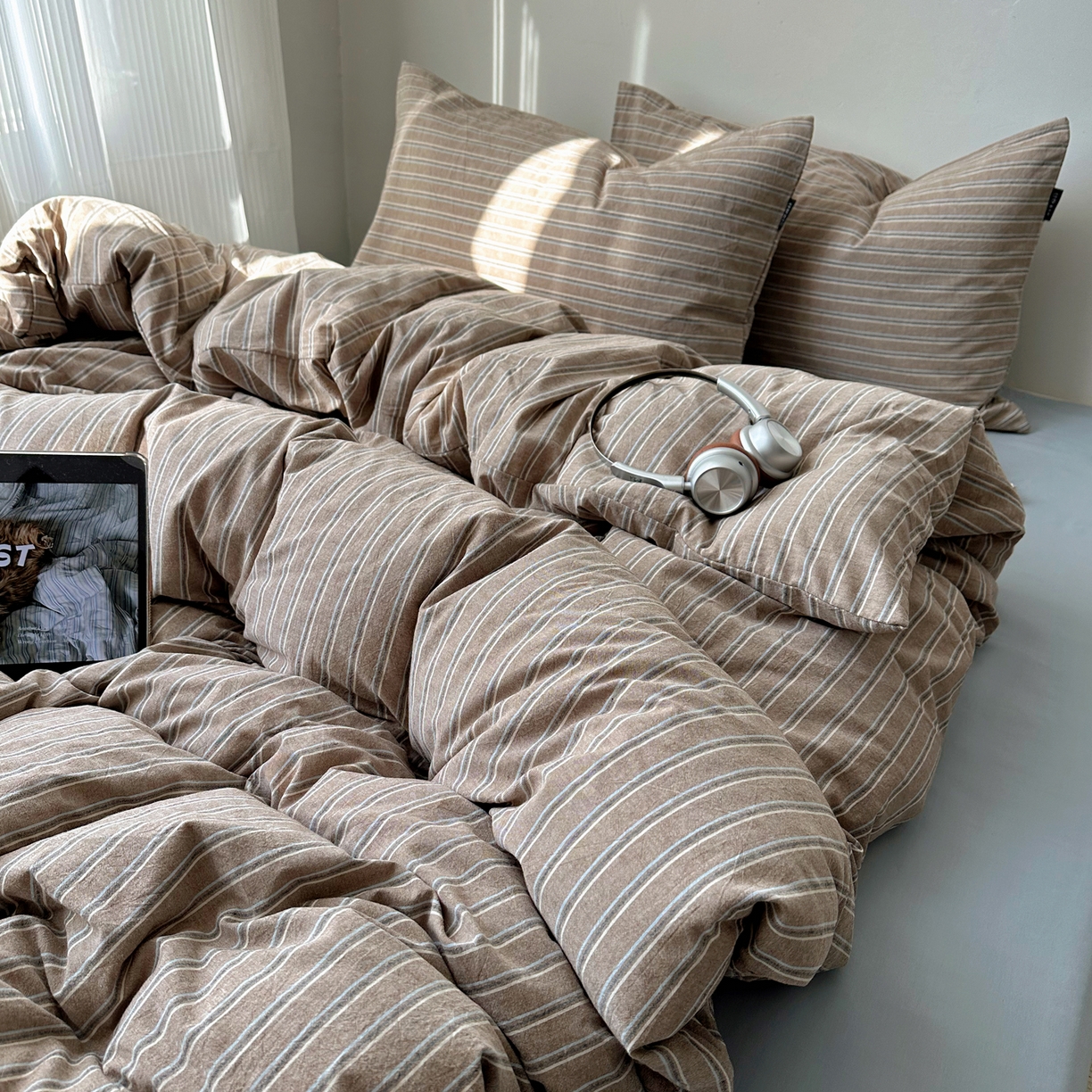 91家纺网 家纺一手货源 找家纺 XIWEN-希文家纺 2026春夏新款40支全棉纯棉色织水洗棉四件套 海盐条-灰