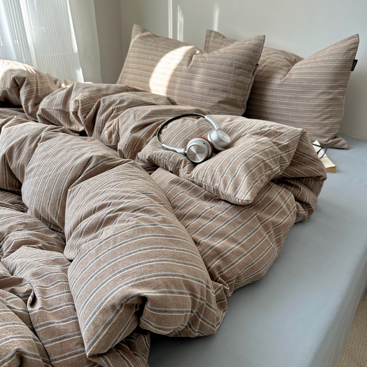 91家纺网 家纺一手货源 找家纺 XIWEN-希文家纺 2026春夏新款40支全棉纯棉色织水洗棉四件套 海盐条-灰