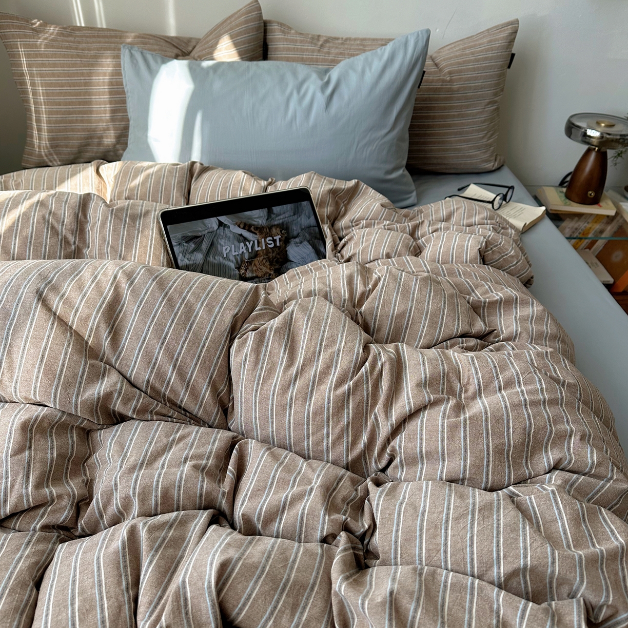 91家纺网 家纺一手货源 找家纺 XIWEN-希文家纺 2026春夏新款40支全棉纯棉色织水洗棉四件套 海盐条-灰