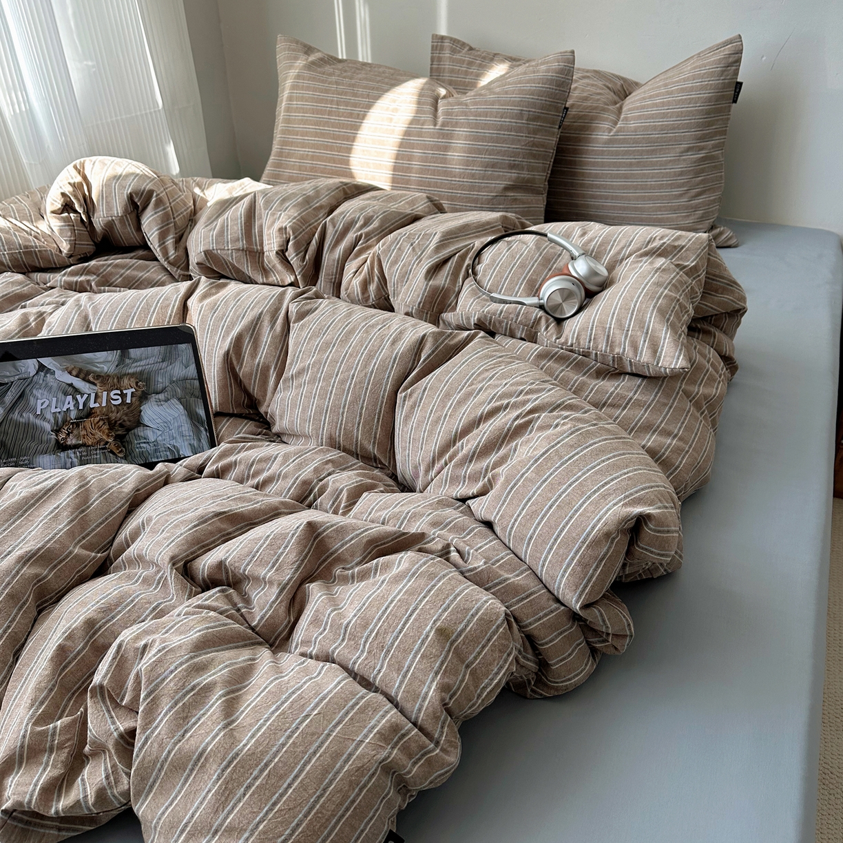 91家纺网 家纺一手货源 找家纺 XIWEN-希文家纺 2026春夏新款40支全棉纯棉色织水洗棉四件套 海盐条-灰