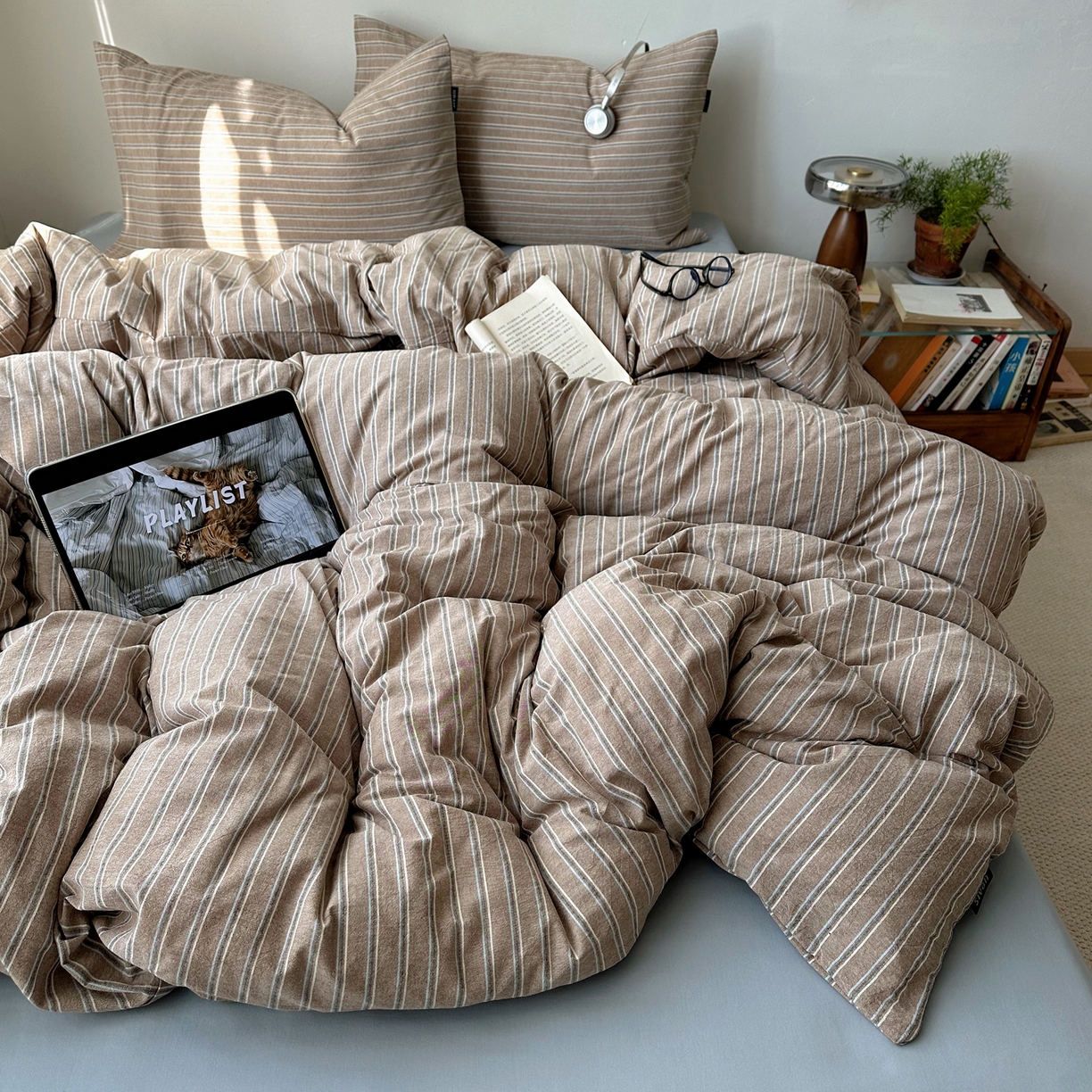 91家纺网 家纺一手货源 找家纺 XIWEN-希文家纺 2026春夏新款40支全棉纯棉色织水洗棉四件套 海盐条-灰