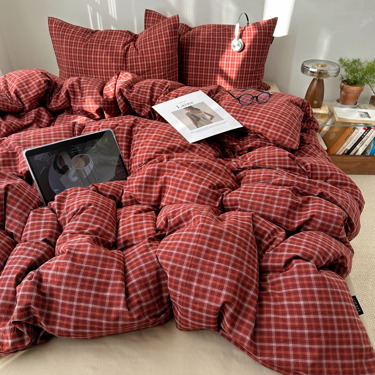 XIWEN-希文家纺 2026春夏新款40支全棉纯棉色织水洗棉四件套 空野-红