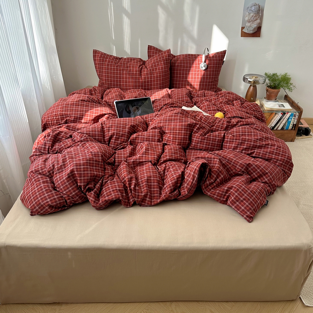 91家纺网 家纺一手货源 找家纺 XIWEN-希文家纺 2026春夏新款40支全棉纯棉色织水洗棉四件套 空野-红