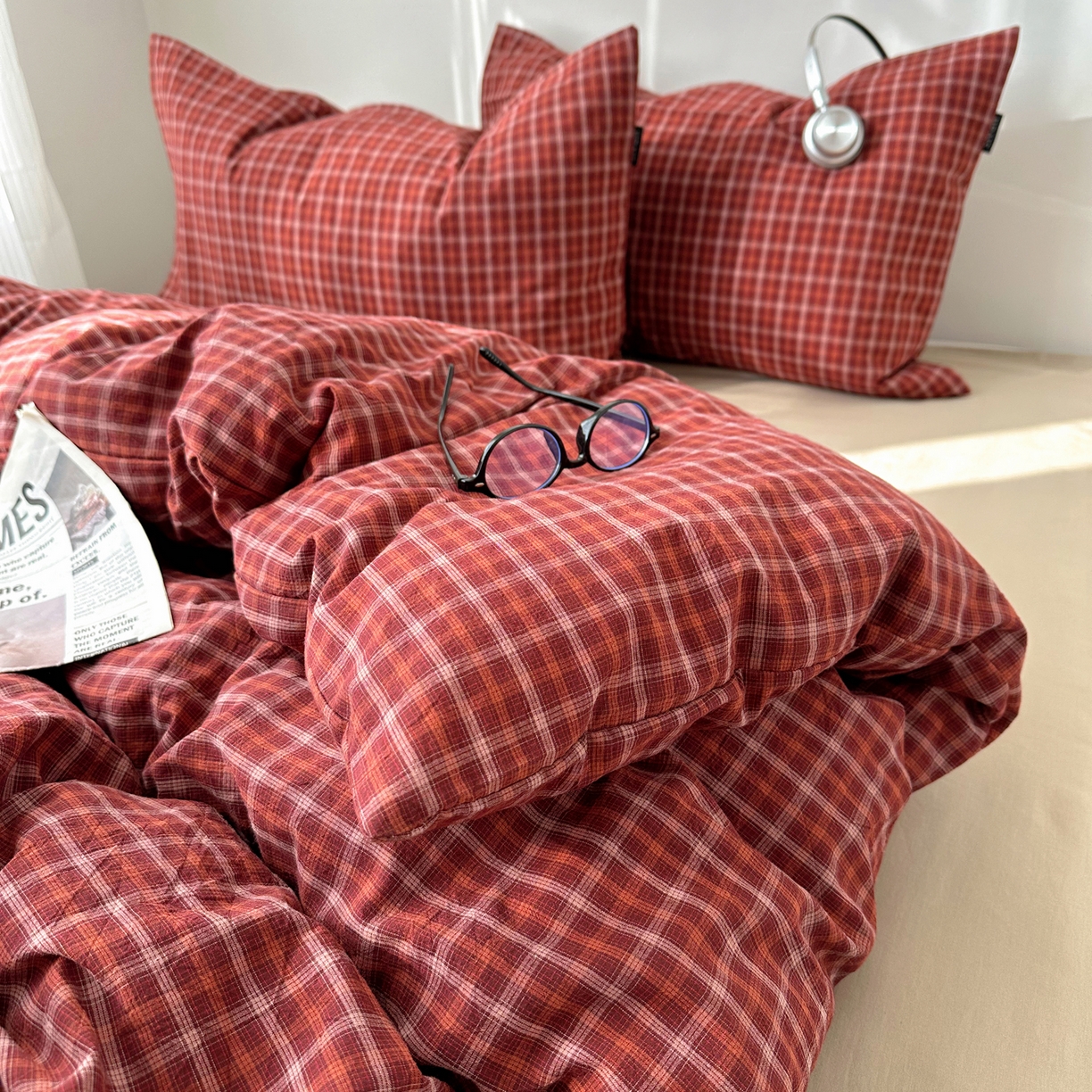 91家纺网 家纺一手货源 找家纺 XIWEN-希文家纺 2026春夏新款40支全棉纯棉色织水洗棉四件套 空野-红