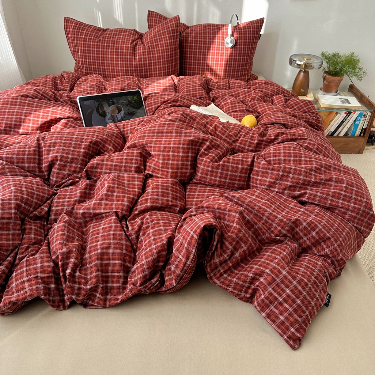 91家纺网 家纺一手货源 找家纺 XIWEN-希文家纺 2026春夏新款40支全棉纯棉色织水洗棉四件套 空野-红