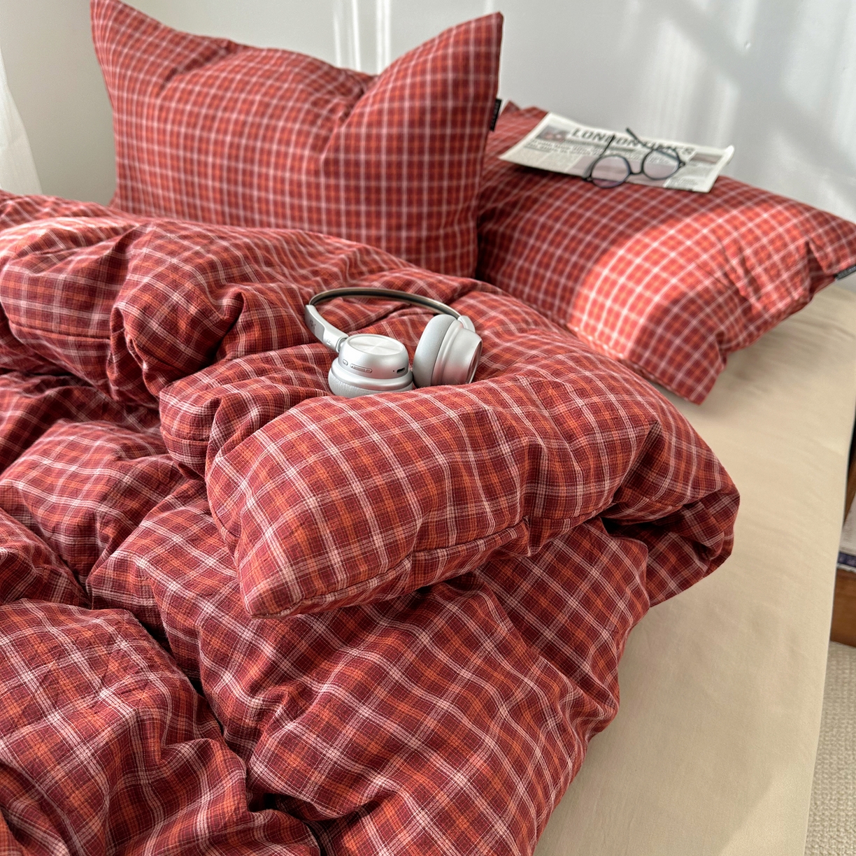 91家纺网 家纺一手货源 找家纺 XIWEN-希文家纺 2026春夏新款40支全棉纯棉色织水洗棉四件套 空野-红