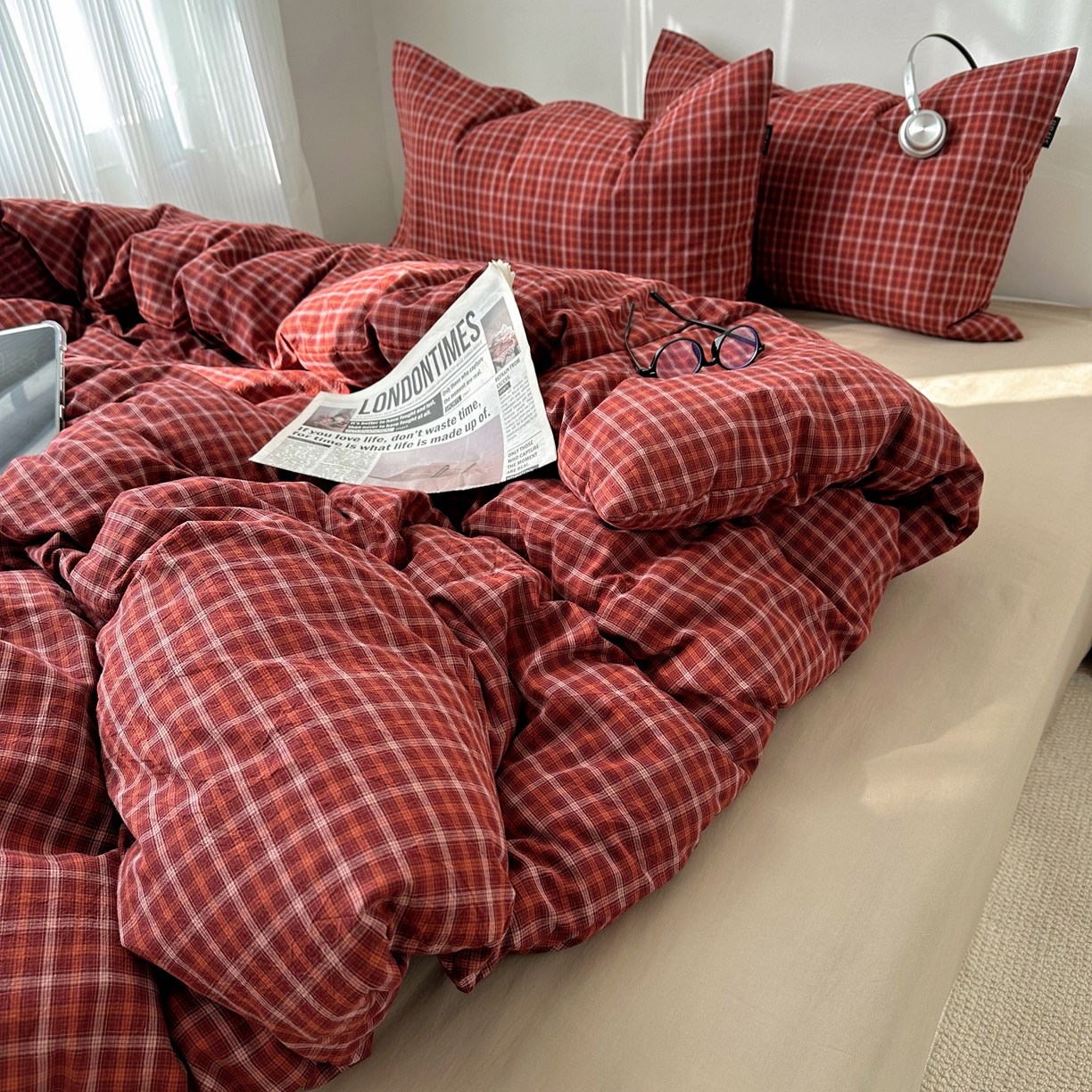 91家纺网 家纺一手货源 找家纺 XIWEN-希文家纺 2026春夏新款40支全棉纯棉色织水洗棉四件套 空野-红