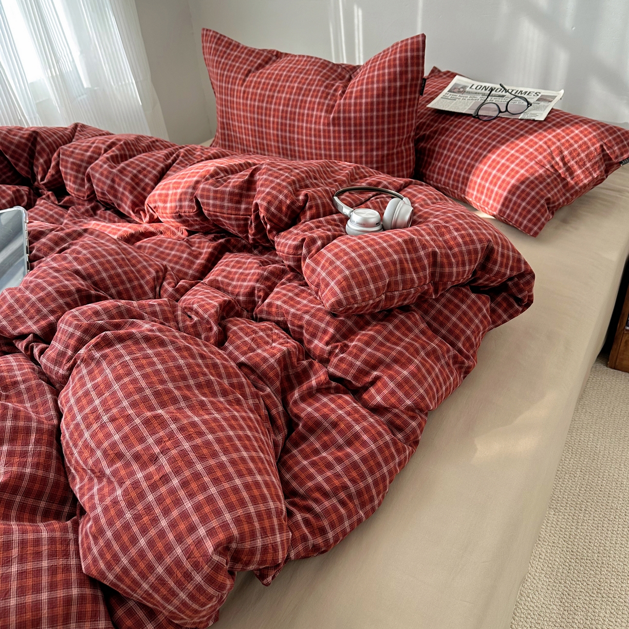 91家纺网 家纺一手货源 找家纺 XIWEN-希文家纺 2026春夏新款40支全棉纯棉色织水洗棉四件套 空野-红