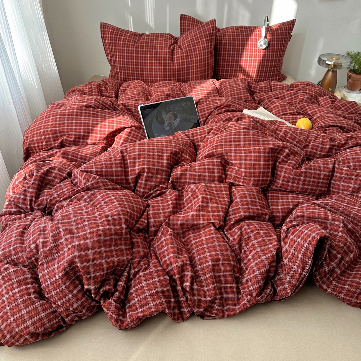 91家纺网 家纺一手货源 找家纺 XIWEN-希文家纺 2026春夏新款40支全棉纯棉色织水洗棉四件套 空野-红