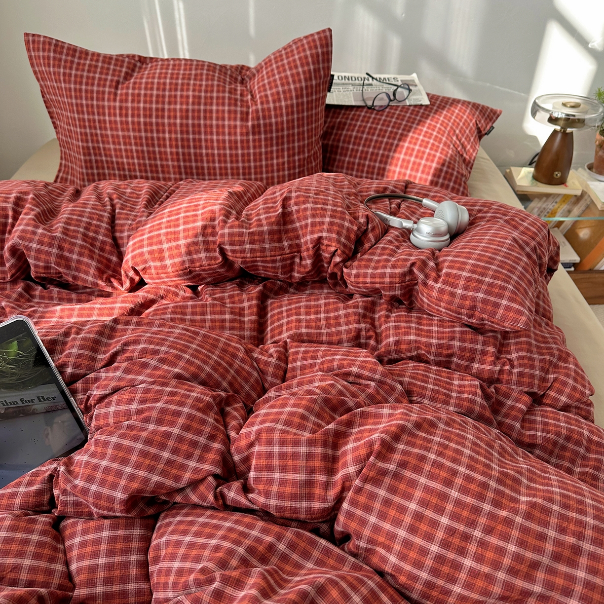 91家纺网 家纺一手货源 找家纺 XIWEN-希文家纺 2026春夏新款40支全棉纯棉色织水洗棉四件套 空野-红