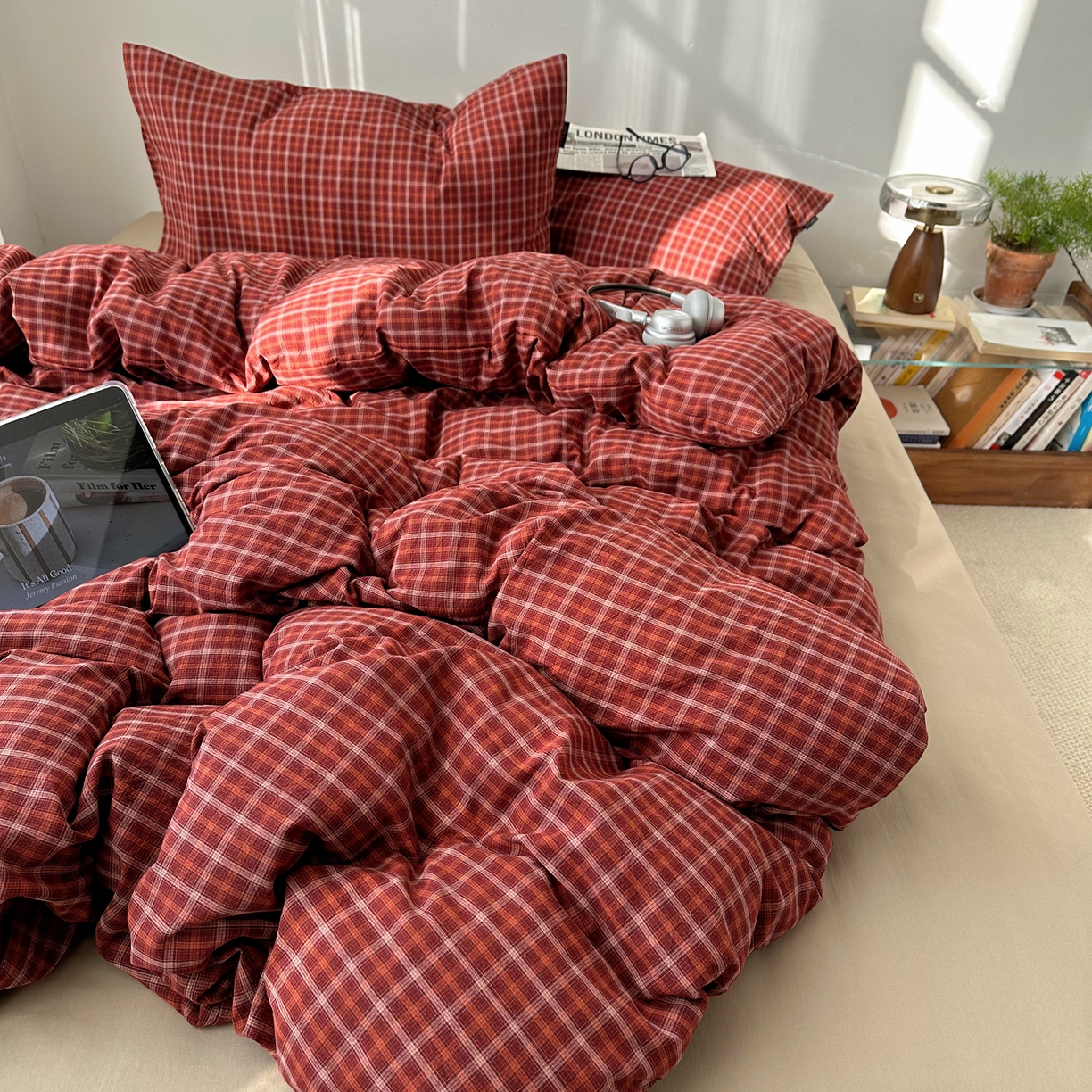 91家纺网 家纺一手货源 找家纺 XIWEN-希文家纺 2026春夏新款40支全棉纯棉色织水洗棉四件套 空野-红