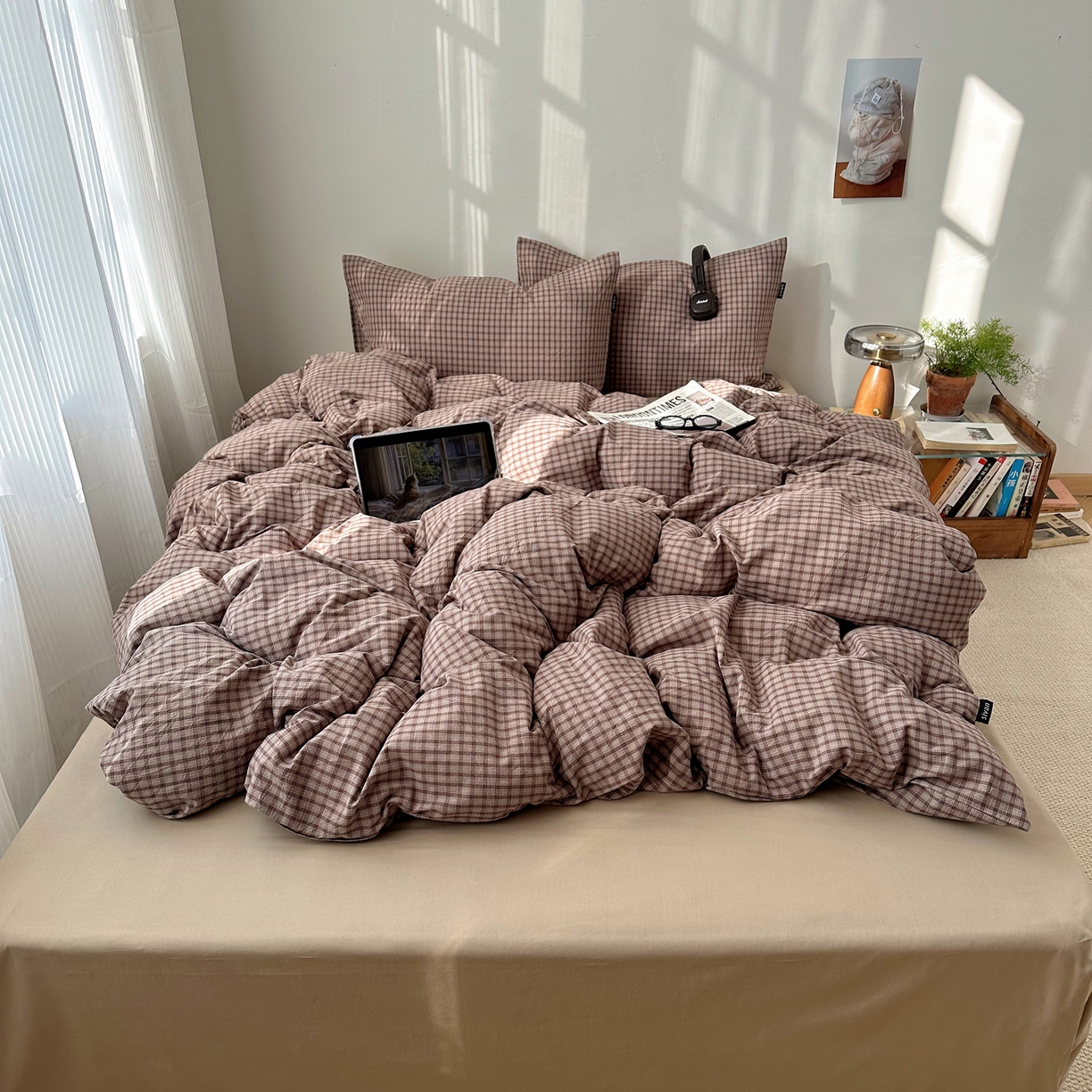 91家纺网 家纺一手货源 找家纺 XIWEN-希文家纺 2026春夏新款40支全棉纯棉色织水洗棉四件套 空野-咖