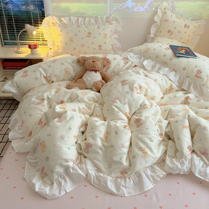 91家纺网 家纺一手货源 找家纺 （总）六巷胡同 2026新款韩式INS减龄花边款全棉卡通四件套（会员-5元)