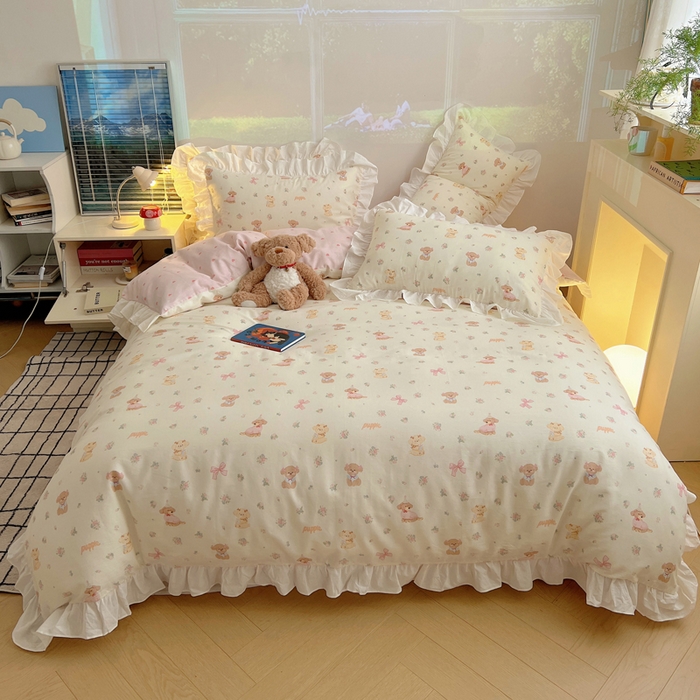 91家纺网 家纺一手货源 找家纺 （总）六巷胡同 2026新款韩式INS减龄花边款全棉卡通四件套（会员-5元)