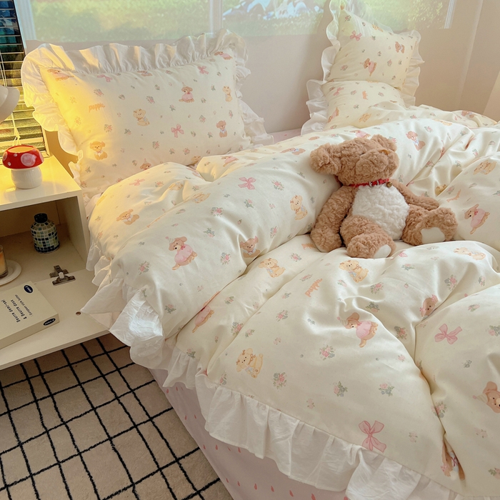 91家纺网 家纺一手货源 找家纺 （总）六巷胡同 2026新款韩式INS减龄花边款全棉卡通四件套（会员-5元)