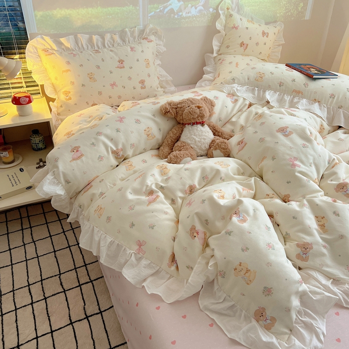 91家纺网 家纺一手货源 找家纺 （总）六巷胡同 2026新款韩式INS减龄花边款全棉卡通四件套（会员-5元)