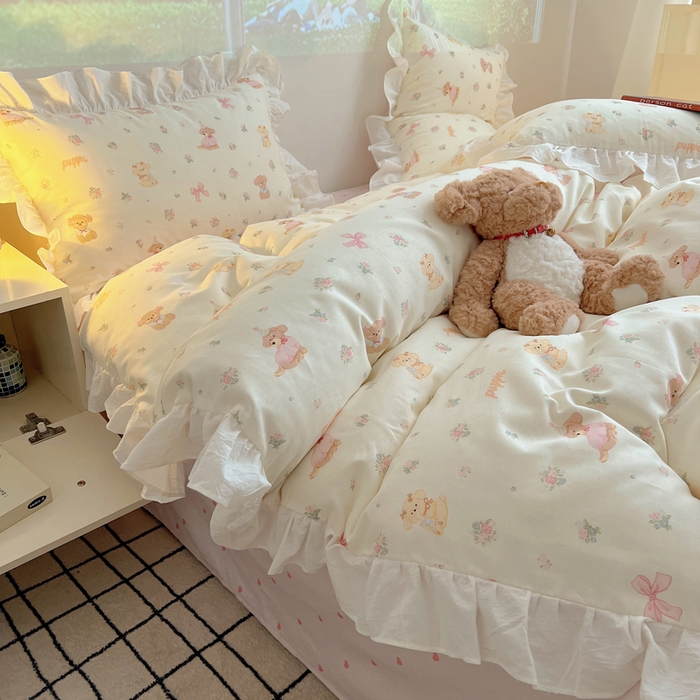 91家纺网 家纺一手货源 找家纺 （总）六巷胡同 2026新款韩式INS减龄花边款全棉卡通四件套（会员-5元)