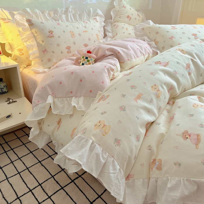 91家纺网 家纺一手货源 找家纺 （总）六巷胡同 2026新款韩式INS减龄花边款全棉卡通四件套（会员-5元)